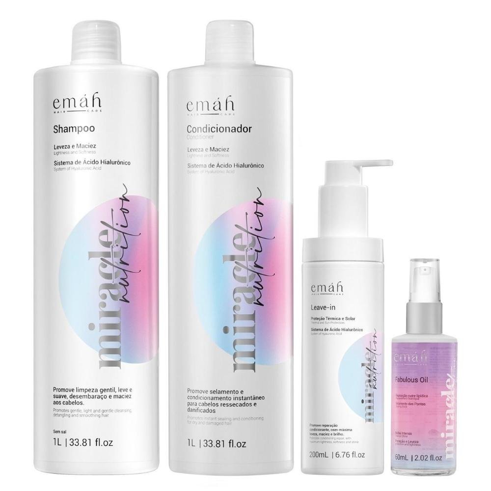 Emáh Miracle Nutrition - Shampoo 1L + Condicionador 1L + Leave in 200ml + Óleo 60ml