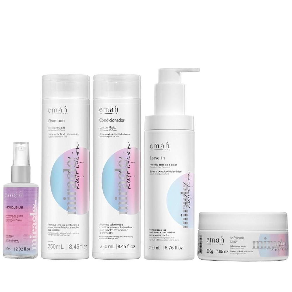 Emáh Miracle Nutrition - Shampoo 250ml + Condicionador 250ml + Máscara 200g + Leave in 200ml + Óleo 60ml ÚNICO 1