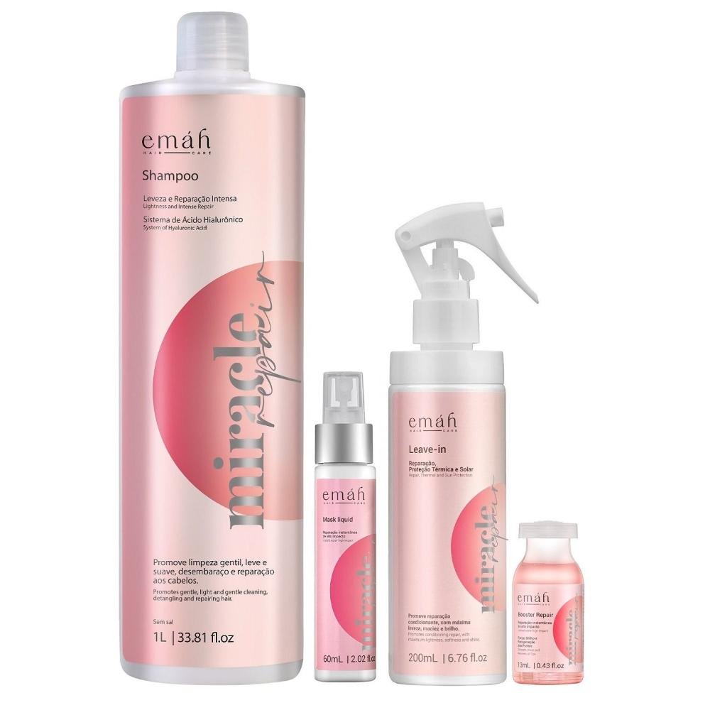 Emáh Miracle Repair - Shampoo 1L + Máscara Líquida 60ml + Leave in 200ml + Ampola 13ml