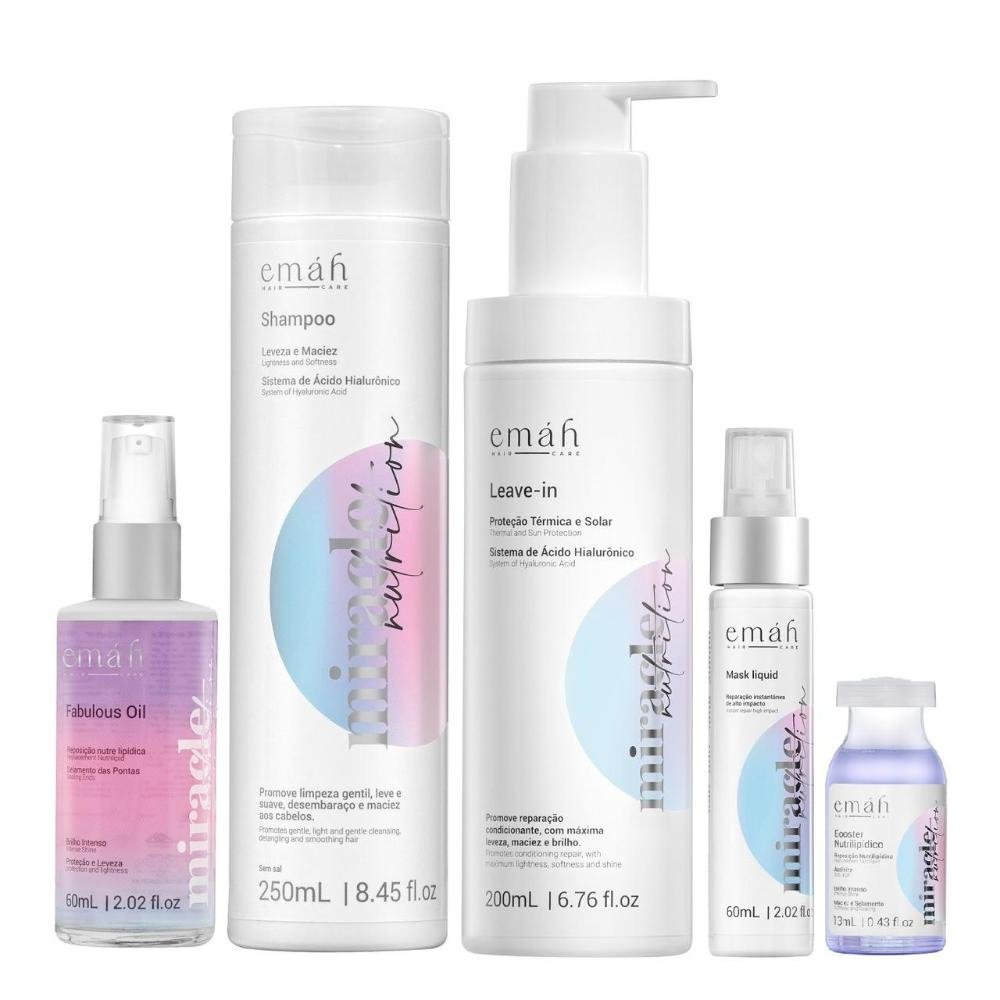 Emáh Miracle Nutrition - Shampoo 250ml + Leave in 200ml + Máscara Líquida 60ml + Óleo 60ml + Ampola 13ml ÚNICO 1