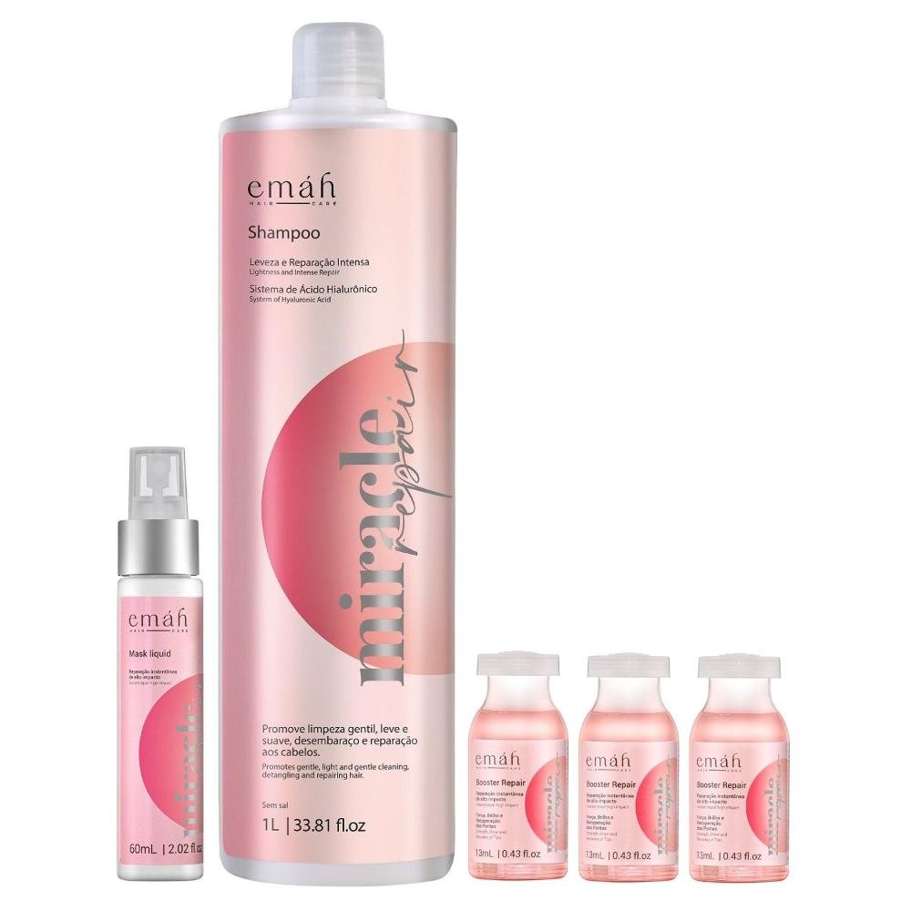 Emáh Miracle Repair - Shampoo 1L + Máscara Líquida 60ml + 3x Ampola 13ml ÚNICO 4
