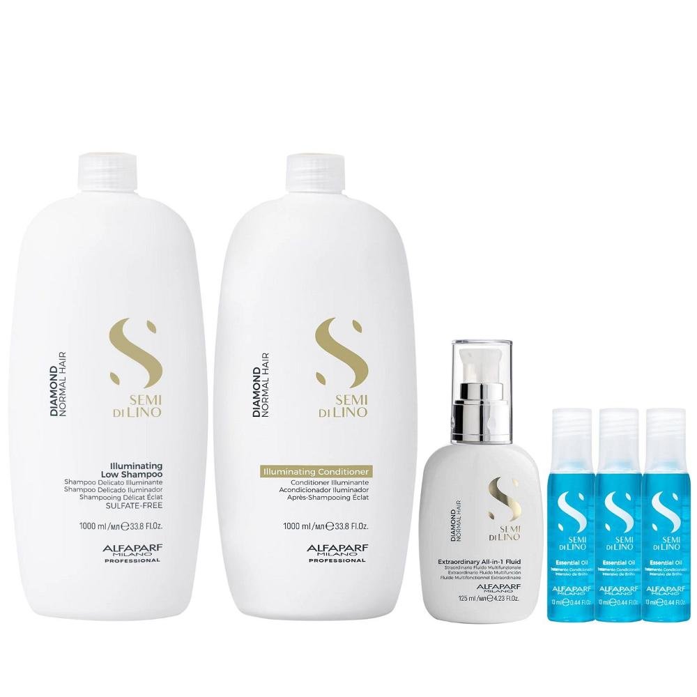 Kit Alfaparf Semi Di Lino Diamond - Shampoo 1L + Condicionador 1L + Fluído 125ml + 3x Ampola 13ml