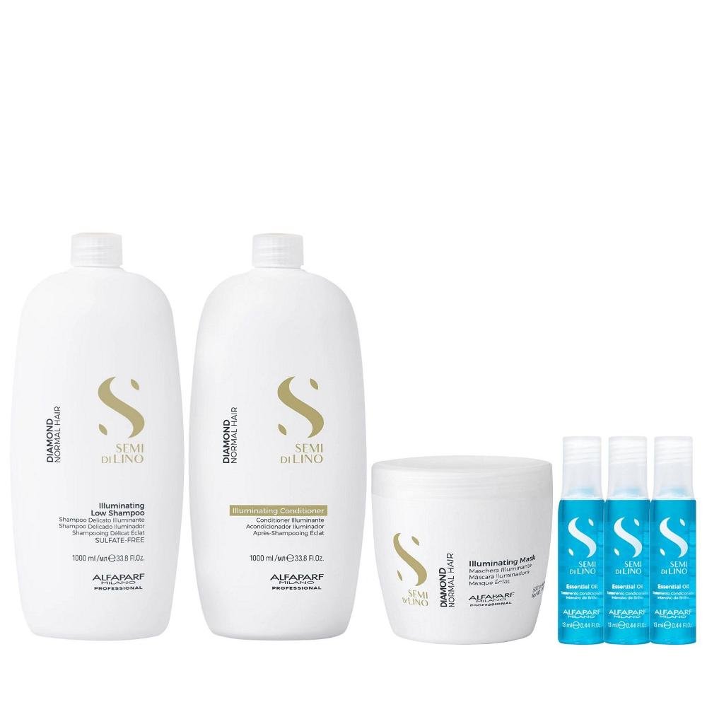 Kit Alfaparf Semi Di Lino Diamond - Shampoo 1L + Condicionador 1L + Máscara 500ml + 3x Ampola 13ml