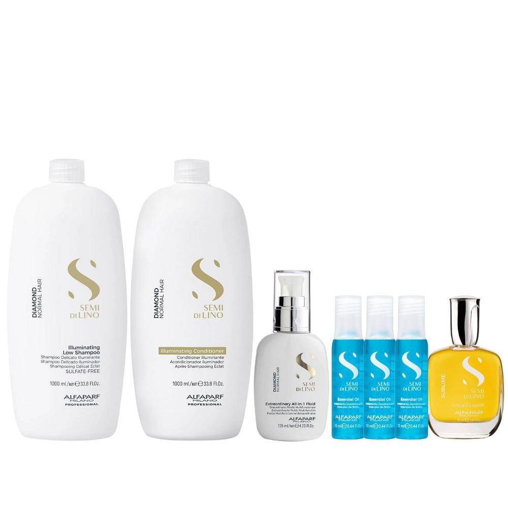Kit Alfaparf Semi Di Lino Diamond - Shampoo 1L + Condicionador 1L + Cristalli 50ml + Fluído 125ml + 3x Ampola 13ml