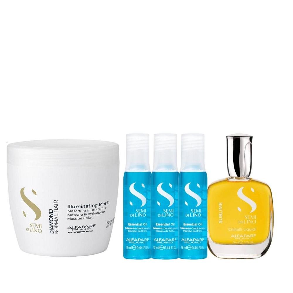 Kit Alfaparf Semi Di Lino Diamond - Máscara 500ml + Cristalli 50ml + 3x Ampola 13ml