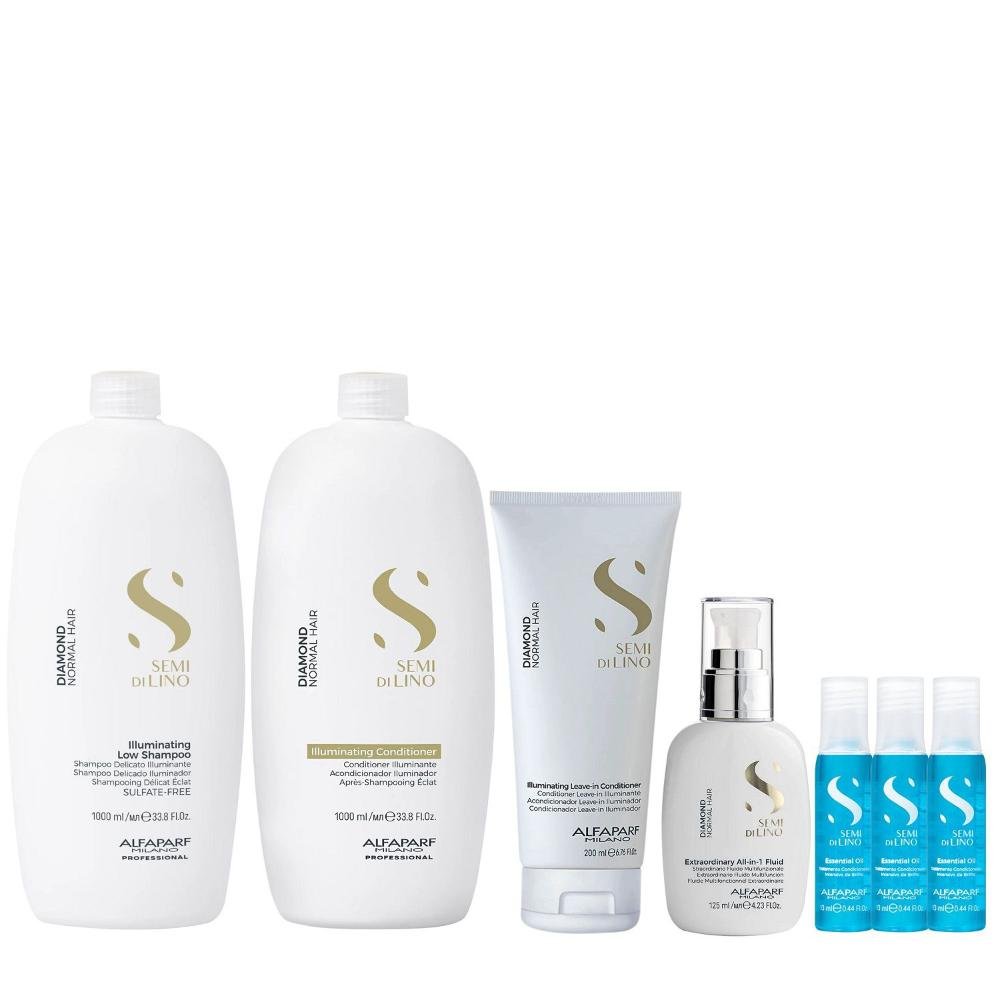 Kit Alfaparf Semi Di Lino Diamond - Shampoo 1L + Condicionador 1L + Leave in 200ml + Fluído 125ml + 3x Ampola 13ml
