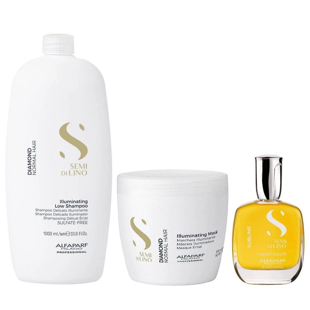 Kit Alfaparf Semi Di Lino Diamond - Shampoo 1L + Máscara 500ml + Cristalli 50ml