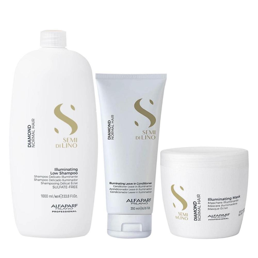Kit Alfaparf Semi Di Lino Diamond - Shampoo 1L + Máscara 500ml + Leave in 200ml
