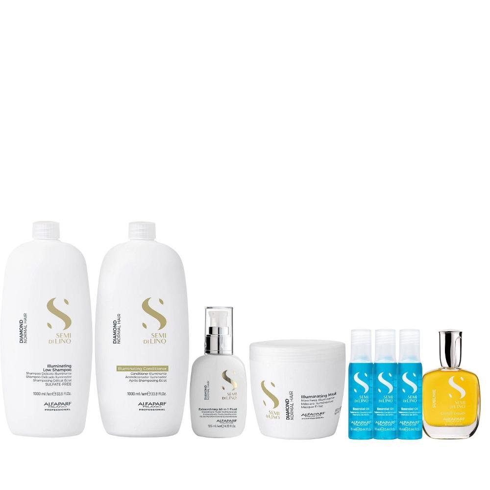 Kit Alfaparf SDL Diamond- Shampoo 1L + Condicionador 1L + Máscara 500ml + Cristalli 50ml + Fluído 125ml + 3x Ampola 13ml