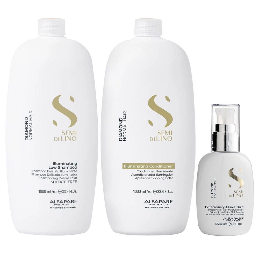 Kit Alfaparf Semi Di Lino Diamond - Shampoo 1L + Condicionador 1L + Fluído 125ml