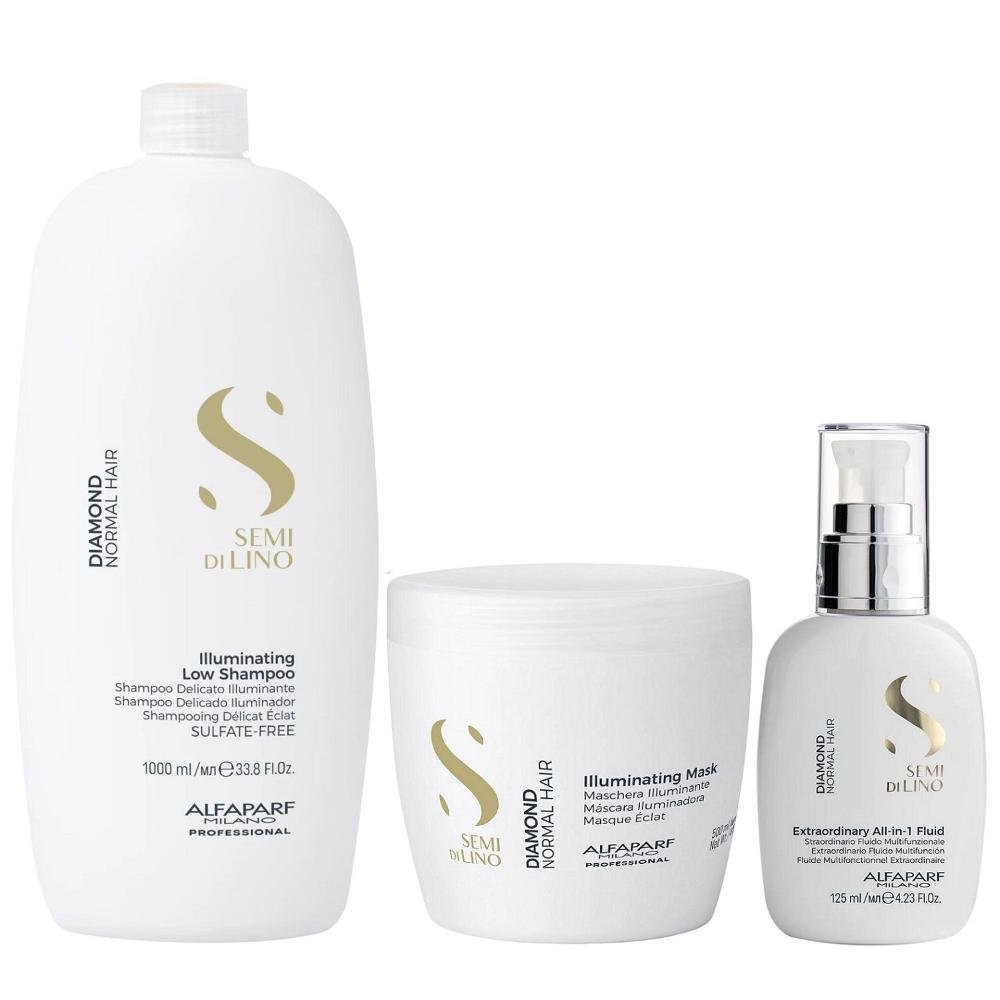 Kit Alfaparf Semi Di Lino Diamond - Shampoo 1L + Máscara 500ml + Fluído 125ml
