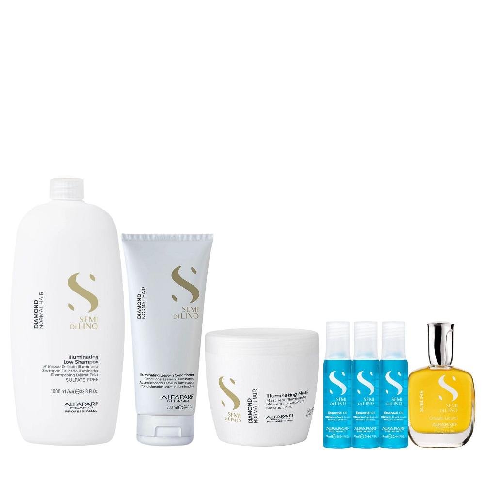 Kit Alfaparf Semi Di Lino Diamond - Shampoo 1L + Máscara 500ml + Leave in 200ml  + Cristalli 50ml + 3x Ampola 13ml