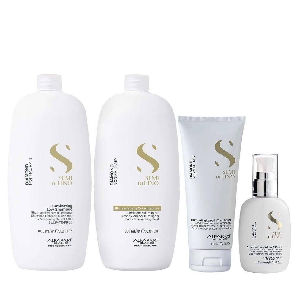 Kit Alfaparf Semi Di Lino Diamond - Shampoo 1L + Condicionador 1L + Leave in 200ml + Fluído 125ml
