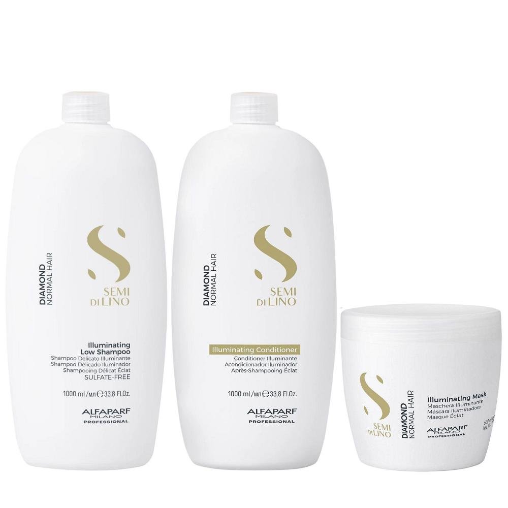 Kit Alfaparf Semi Di Lino Diamond - Shampoo 1L + Condicionador 1L + Máscara 500ml