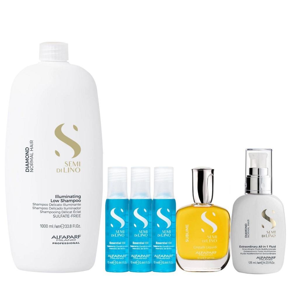 Kit Alfaparf Semi Di Lino Diamond - Shampoo 1L + Fluído 125ml + Cristalli 50ml + 3x Ampola 13ml