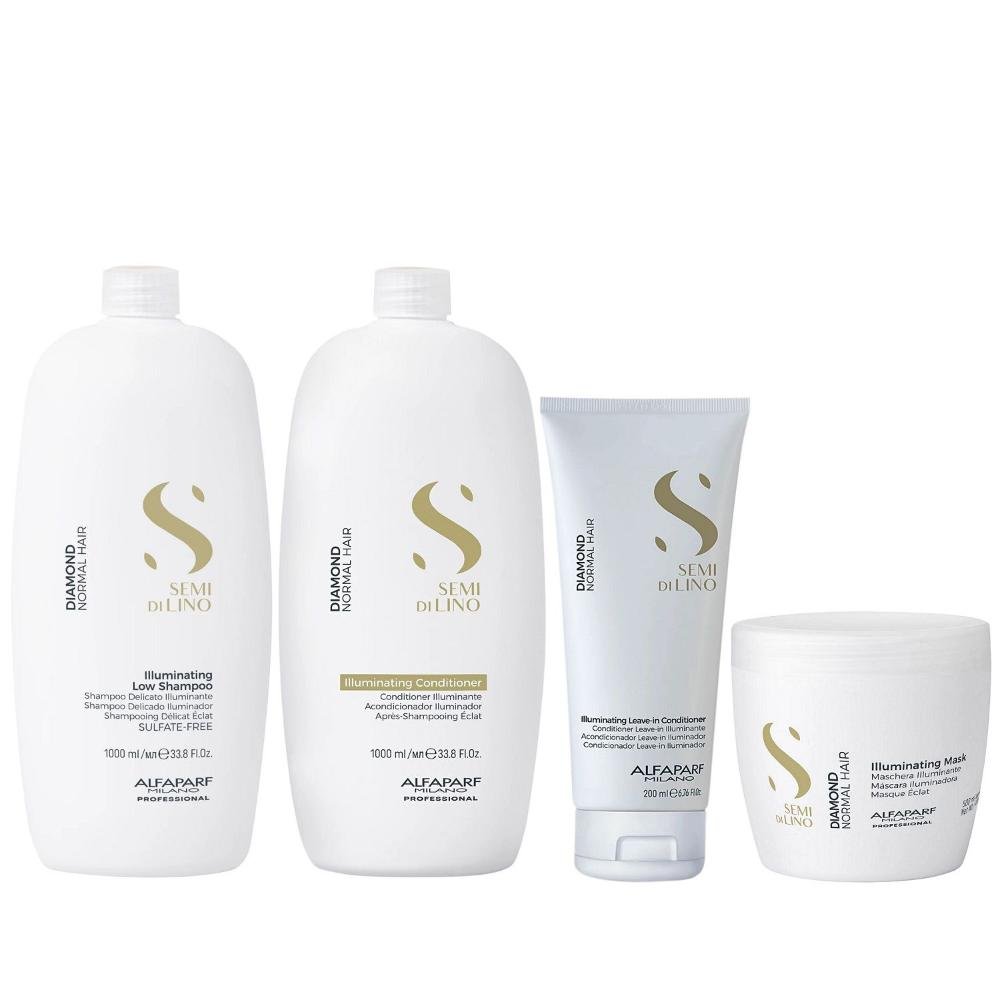 Kit Alfaparf Semi Di Lino Diamond - Shampoo 1L + Condicionador 1L + Máscara 500ml + Leave in 200ml ÚNICO 1