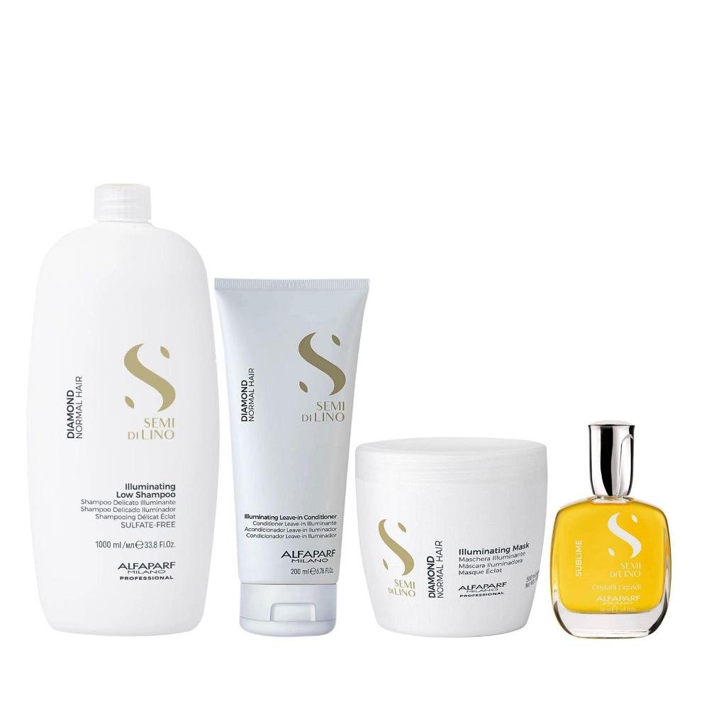 Kit Alfaparf Semi Di Lino Diamond - Shampoo 1L + Máscara 500ml + Leave in 200ml + Cristalli 50ml