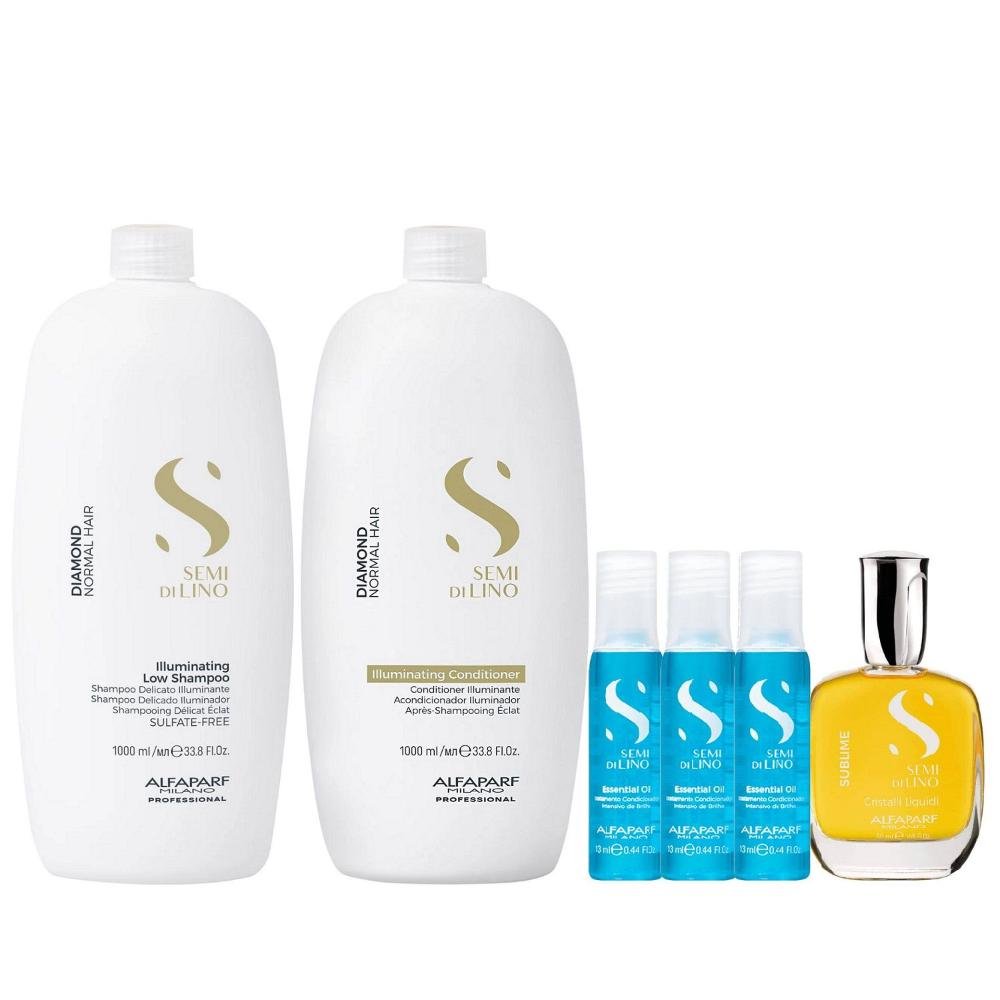Kit Alfaparf Semi Di Lino Diamond - Shampoo 1L + Condicionador 1L + Cristalli 50ml + 3x Ampola 13ml