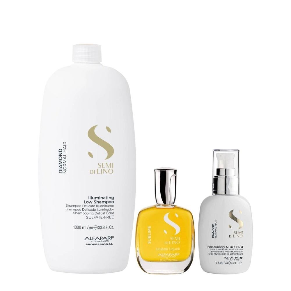 Kit Alfaparf Semi Di Lino Diamond - Shampoo 1L + Fluído 125ml + Cristalli 50ml