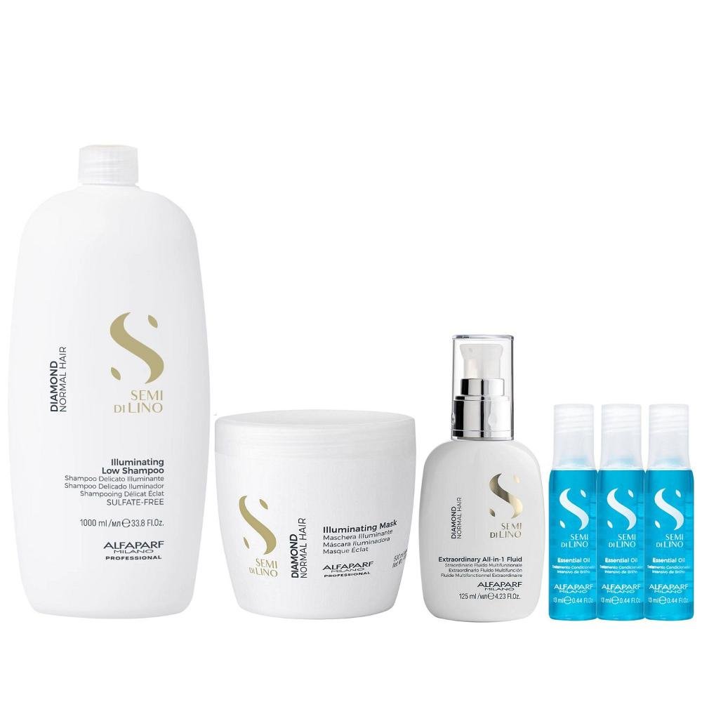 Kit Alfaparf Semi Di Lino Diamond - Shampoo 1L + Máscara 500ml + Fluído 125ml + 3x Ampola 13ml