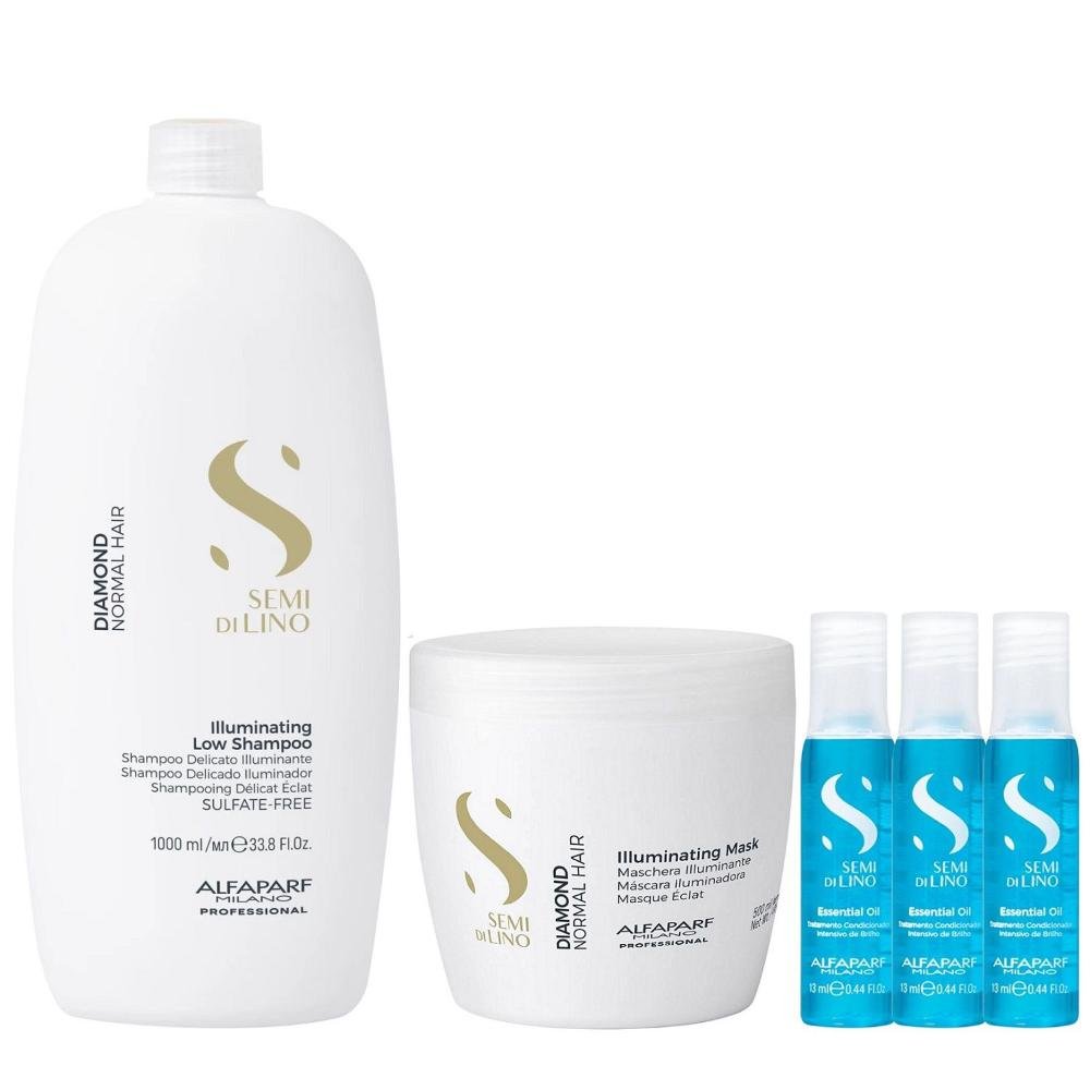 Kit Alfaparf Semi Di Lino Diamond - Shampoo 1L + Máscara 500ml + 3x Ampola 13ml
