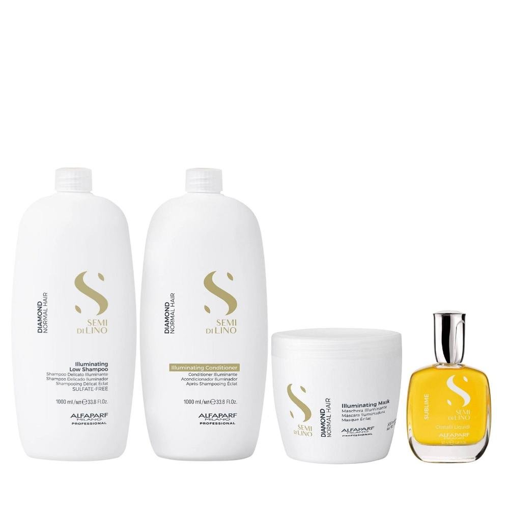 Kit Alfaparf Semi Di Lino Diamond - Shampoo 1L + Condicionador 1L + Máscara 500ml + Cristalli 50ml ÚNICO 1