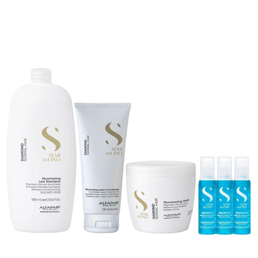 Kit Alfaparf Semi Di Lino Diamond - Shampoo 1L + Máscara 500ml + Leave in 200ml + 3x Ampola 13ml