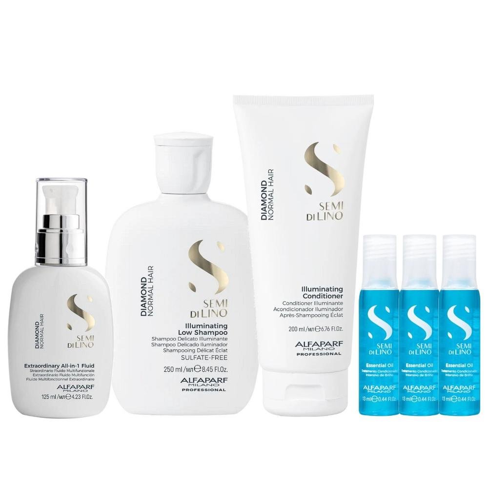Kit Alfaparf Semi Di Lino Diamond - Shampoo 250ml + Condicionador 200ml + Fluído 125ml + 3x Ampola 13ml