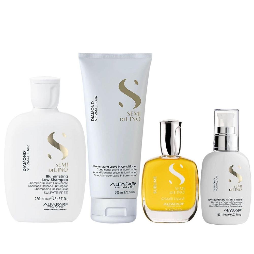 Kit Alfaparf Semi Di Lino Diamond - Shampoo 250ml + Leave in 200ml + Fluido 125ml + Cristalli 50ml