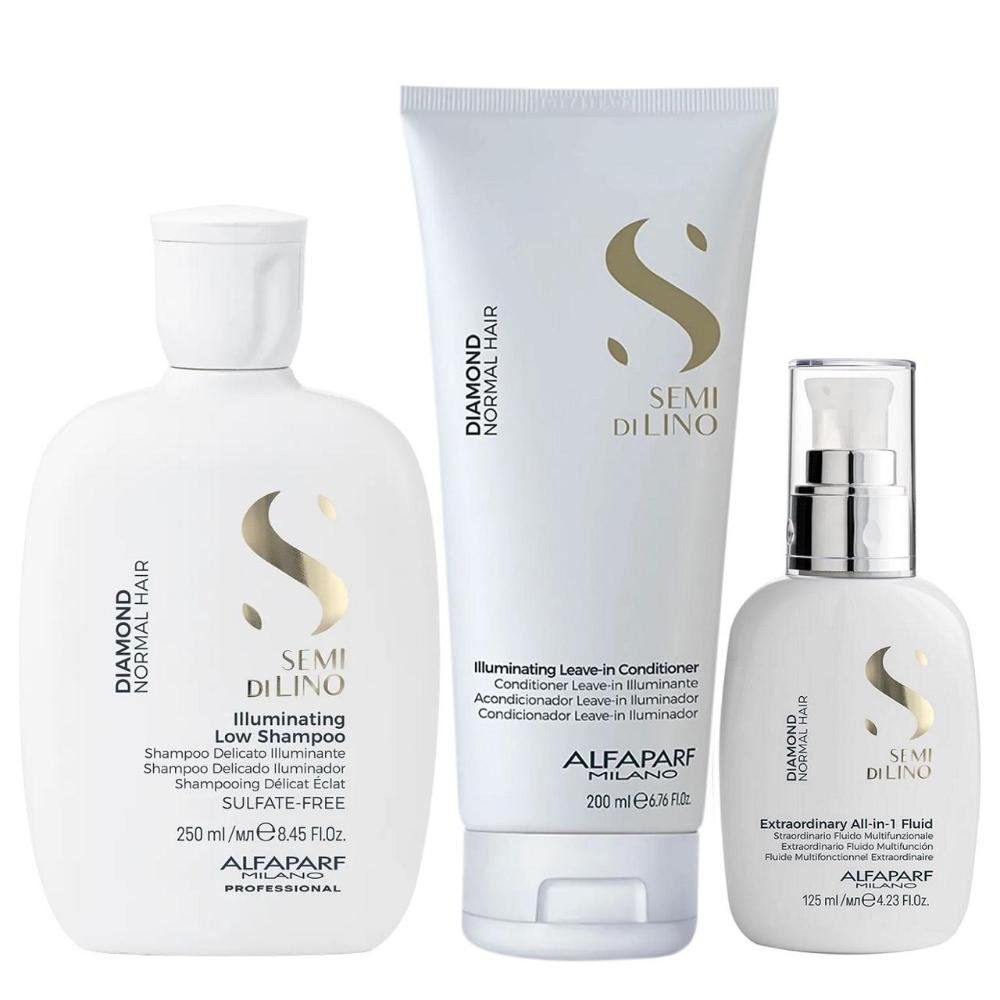 Kit Alfaparf Semi Di Lino Diamond - Shampoo 250ml + Leave in 200ml + Fluído 125ml
