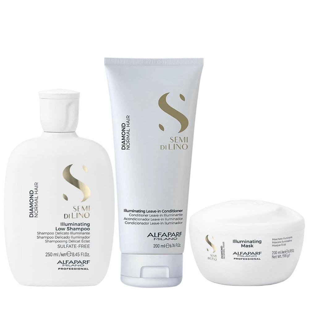 Kit Alfaparf Semi Di Lino Diamond - Shampoo 250ml + Máscara 200ml + Leave in 200ml