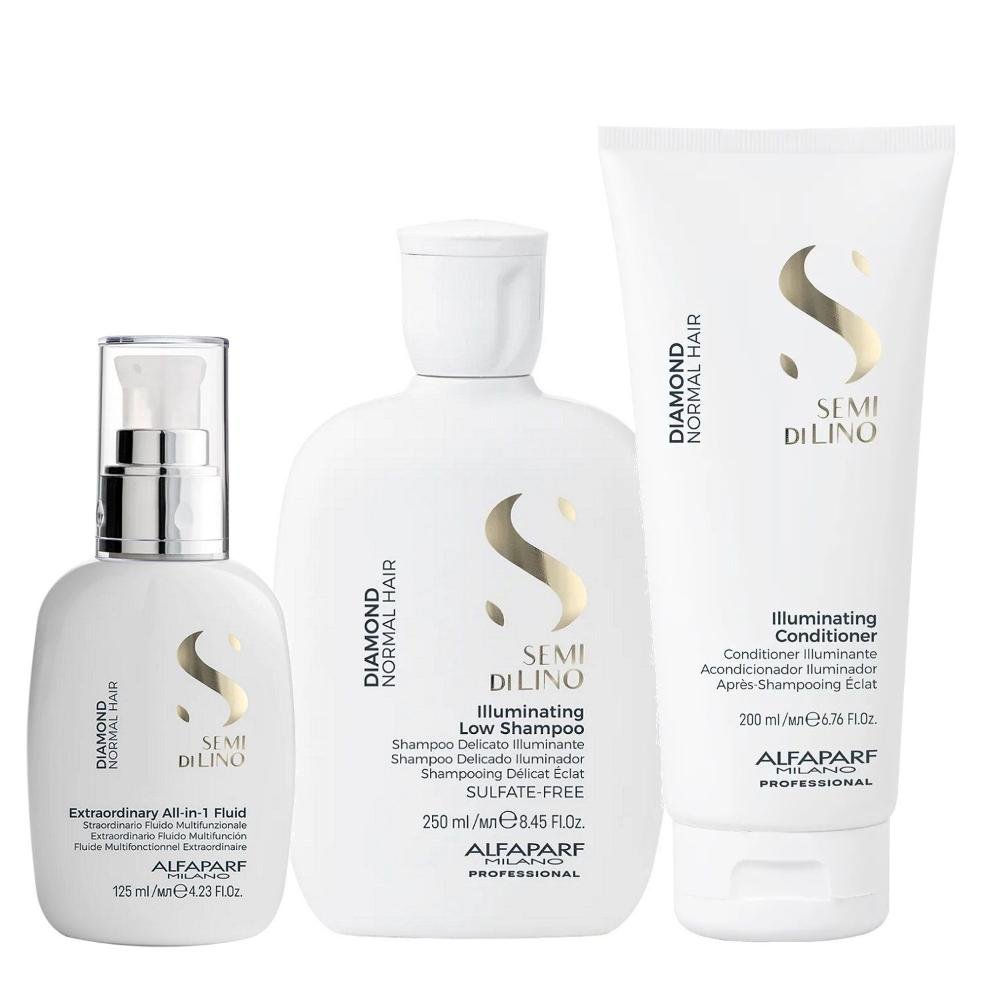 Kit Alfaparf Semi Di Lino Diamond - Shampoo 250ml + Condicionador 200ml + Fluído 125ml
