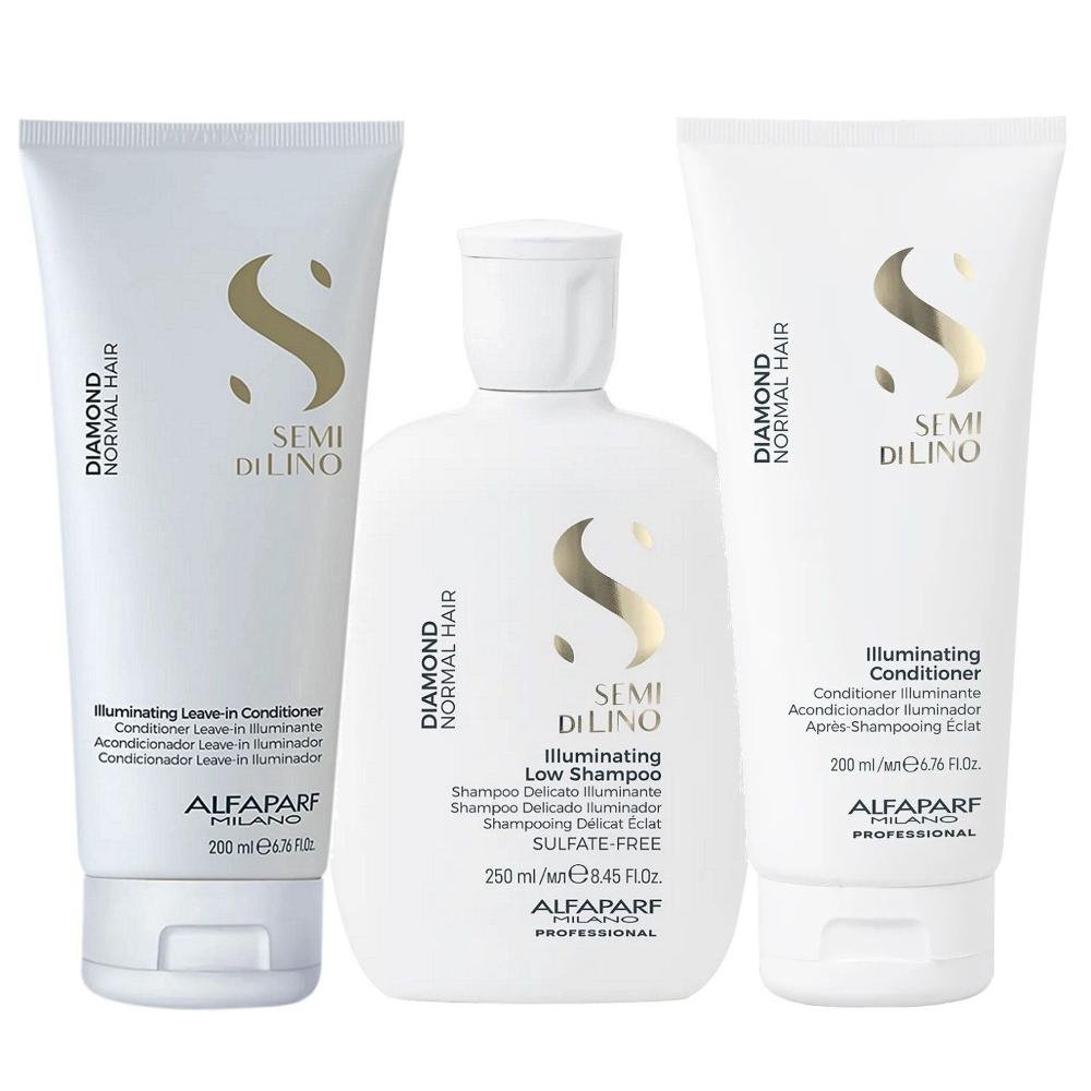 Kit Alfaparf Semi Di Lino Diamond - Shampoo 250ml + Condicionador 200ml + Leave in 200ml ÚNICO 1