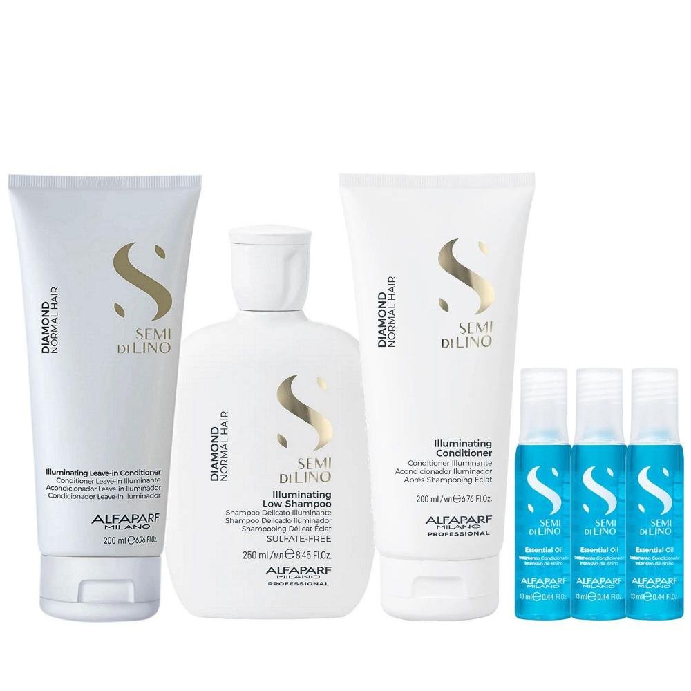 Kit Alfaparf Semi Di Lino Diamond - Shampoo 250ml + Condicionador 200ml + Leave in 200ml + 3x Ampola 13ml