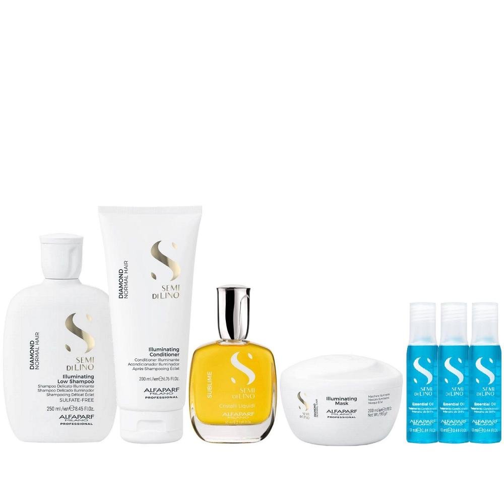 Kit Alfaparf Semi Di Lino Diamond - Shampoo 250ml + Condicionador 200ml + Máscara 200ml + Cristalli 50ml + 3xAmpola 13ml