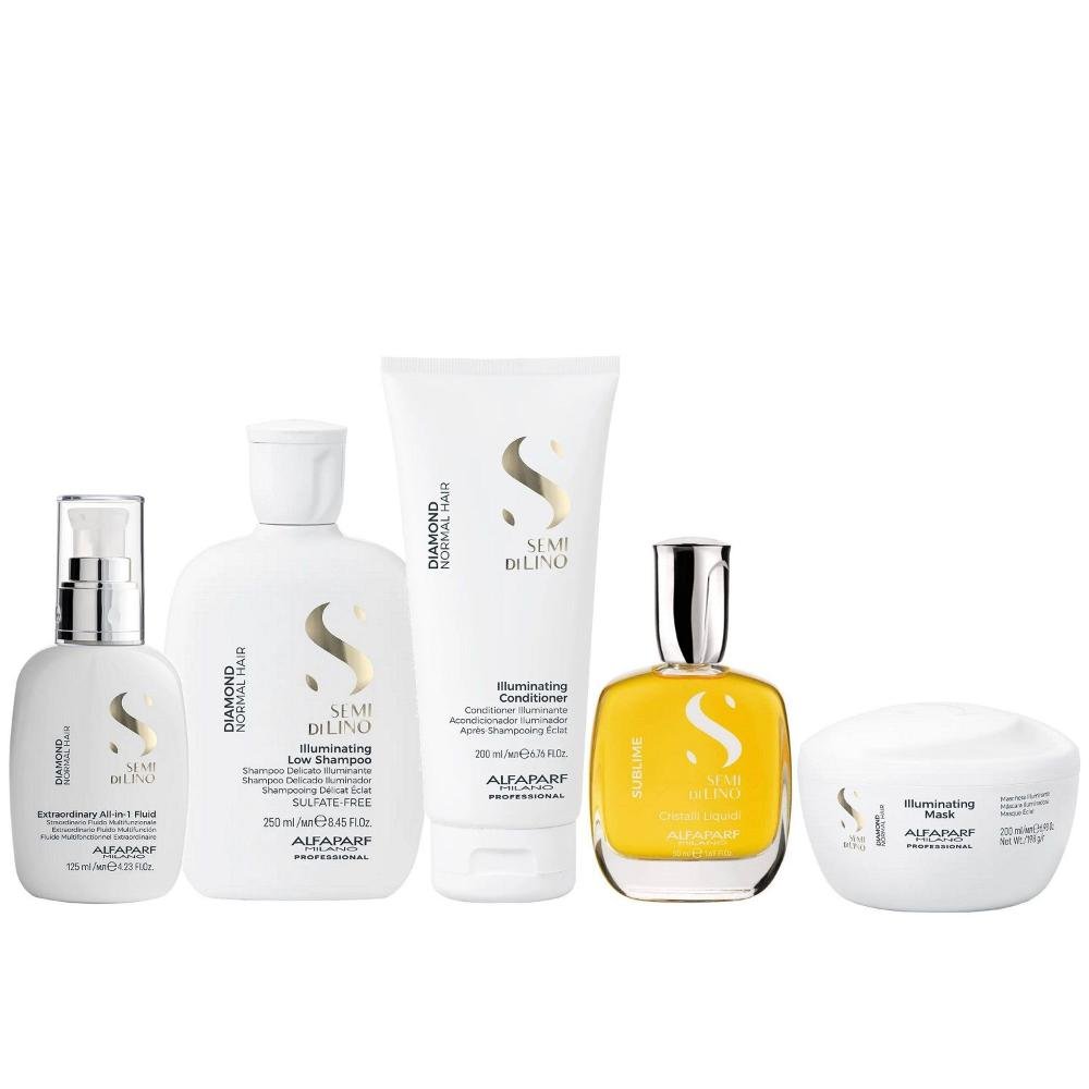 Kit Alfaparf Semi Di Lino Diamond - Shampoo 250ml + Condicionador 200ml + Máscara 200ml + Fluído 125ml + Cristalli 50ml ÚNICO 1