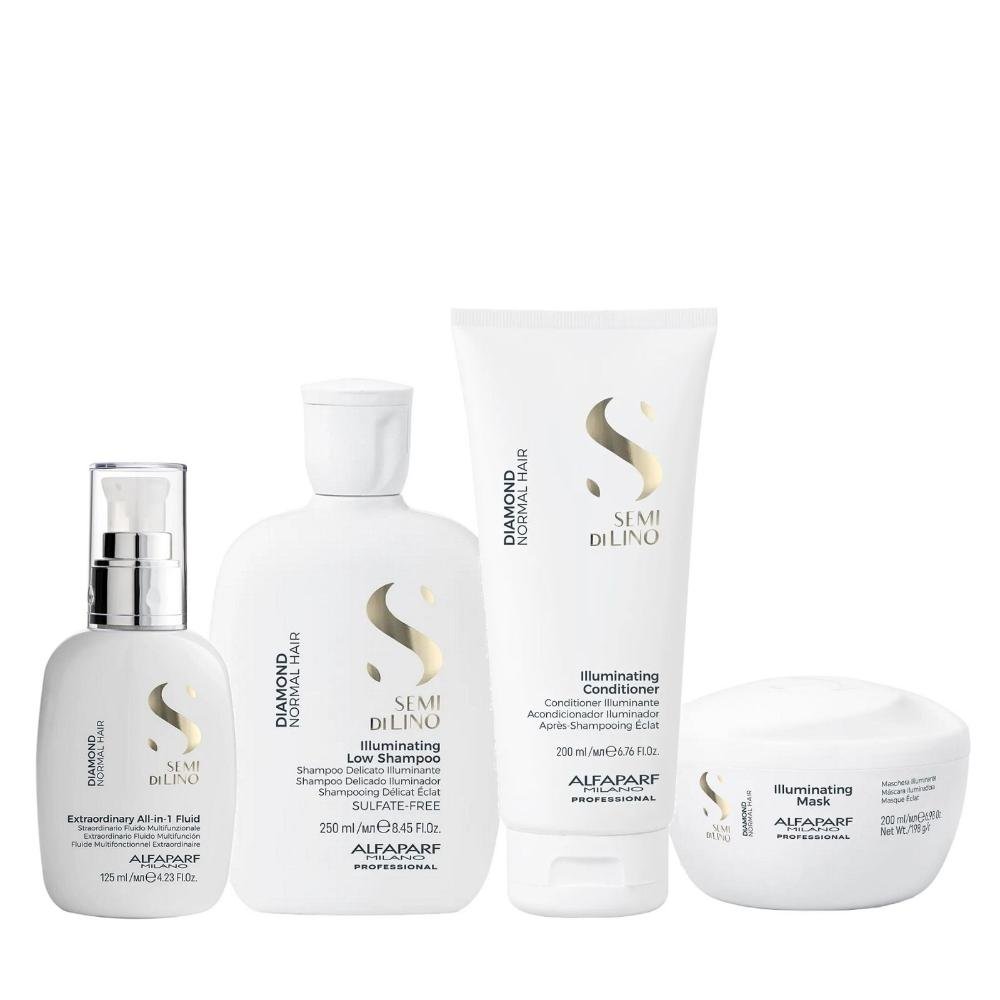 Kit Alfaparf Semi Di Lino Diamond - Shampoo 250ml + Condicionador 200ml + Máscara 200ml + Fluído 125ml