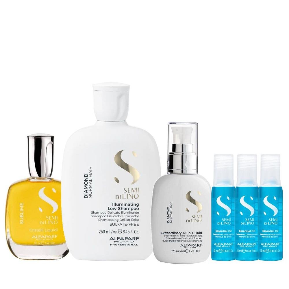 Kit Alfaparf Semi Di Lino Diamond - Shampoo 250ml + Fluido 125ml + Cristalli 50ml + 3x Ampola 13ml
