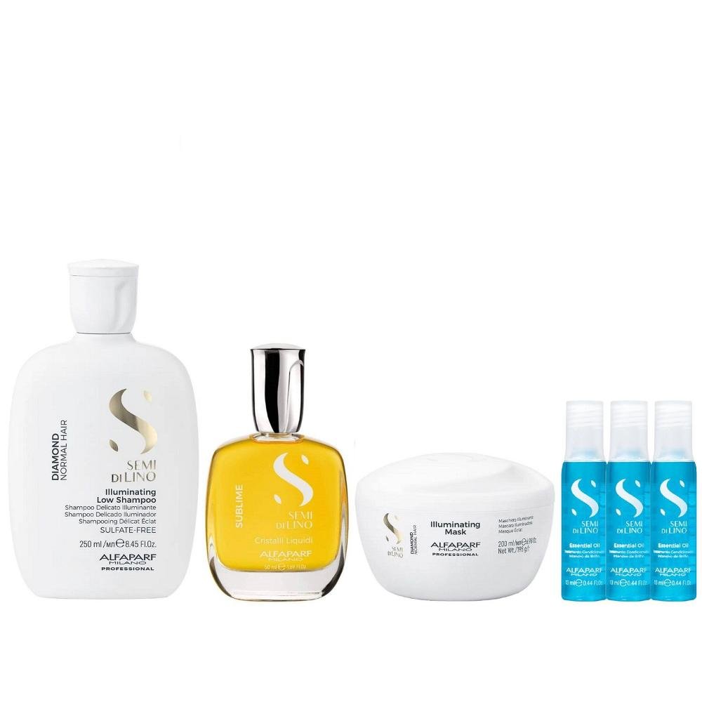 Kit Alfaparf Semi Di Lino Diamond - Shampoo 250ml + Máscara 200ml + Cristalli 50ml + 3x Ampola 13ml ÚNICO 1