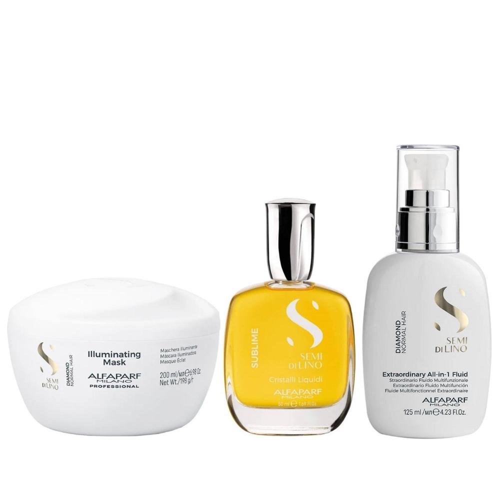 Kit Alfaparf Semi Di Lino Diamond - Shampoo 250ml + Máscara 200ml + Cristalli 50ml