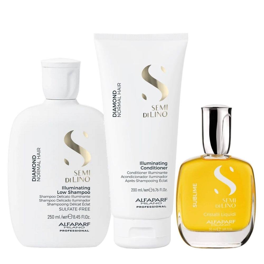 Kit Alfaparf Semi Di Lino Diamond - Shampoo 250ml + Condicionador 200ml + Cristalli 50ml