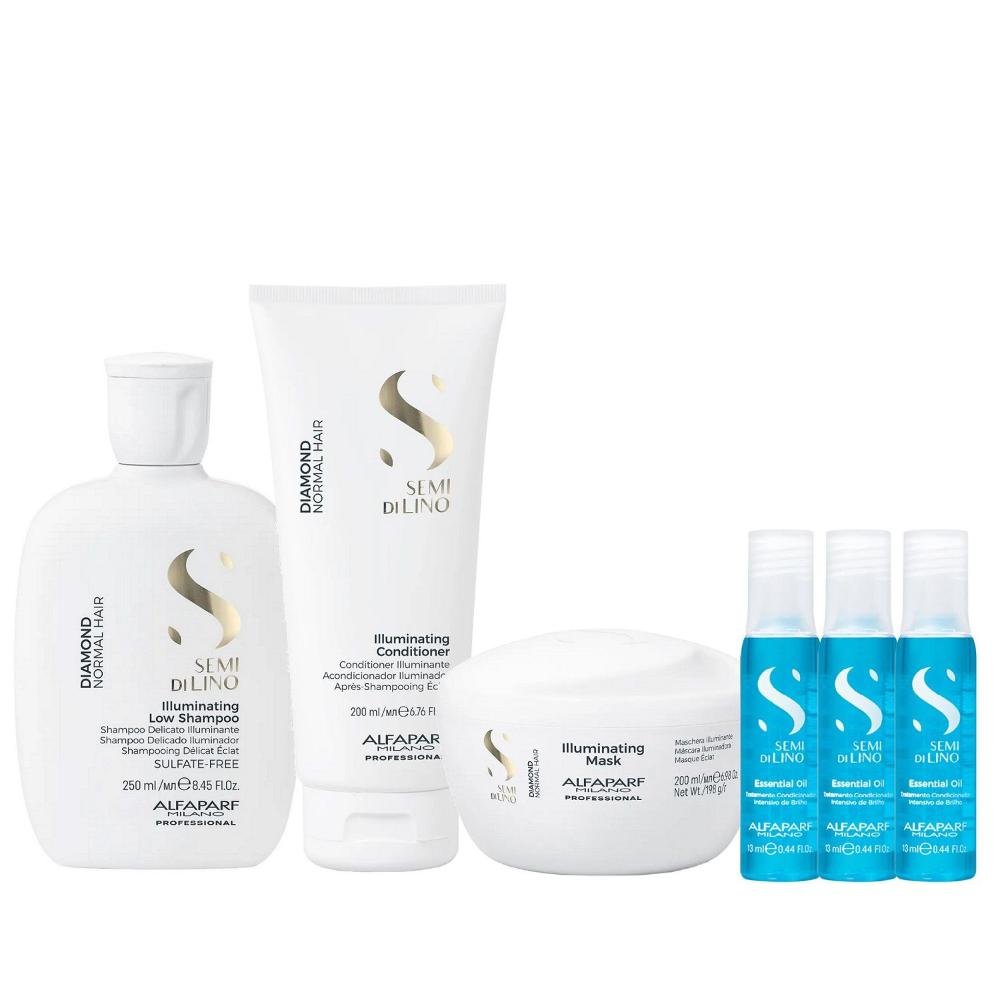 Kit Alfaparf Semi Di Lino Diamond - Shampoo 250ml + Condicionador 200ml + Máscara 200ml + 3x Ampola 13ml