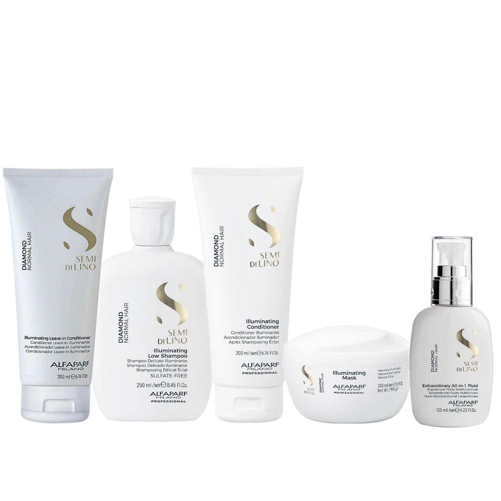 Kit Alfaparf Semi Di Lino Diamond - Shampoo 250ml + Condicionador 200ml + Máscara 200ml + Fluído 125ml + Leave in 200ml