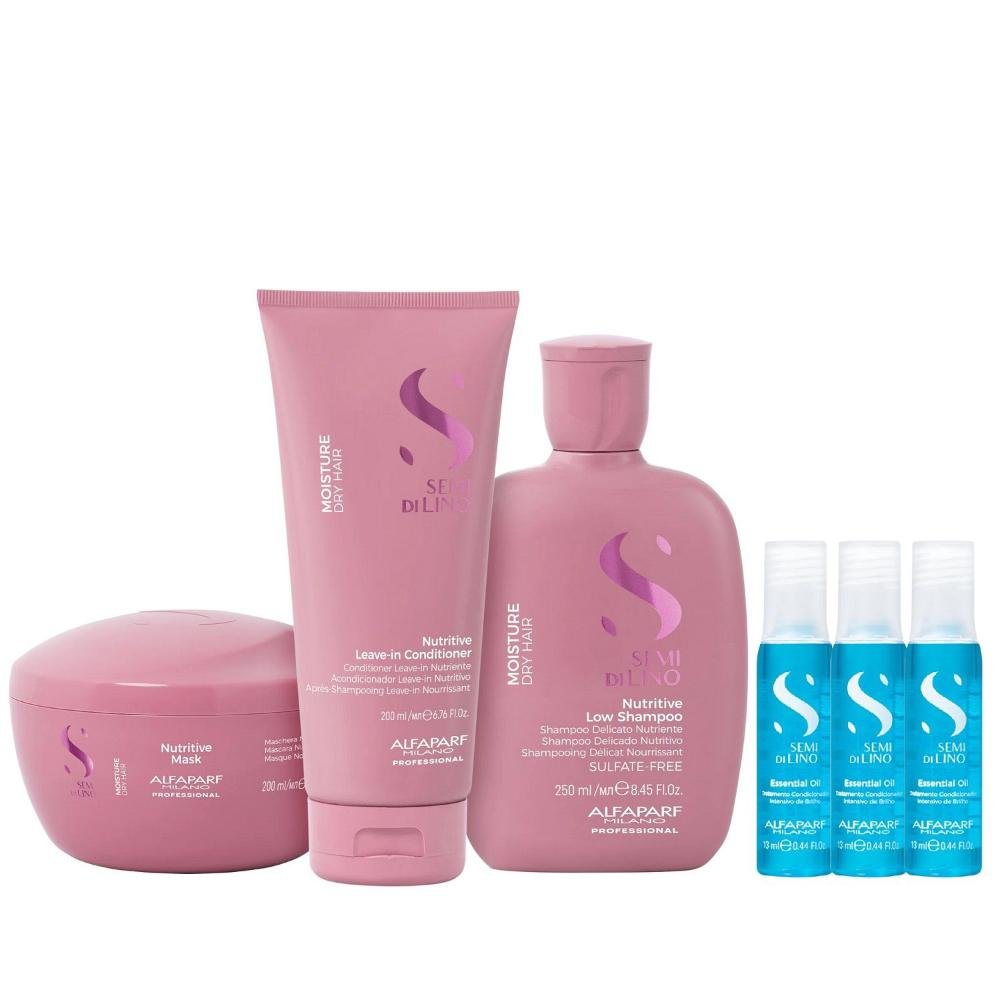 Kit Alfaparf Semi Di Lino Moisture - Shampoo 250ml + Leave in Condicionador 200ml + Máscara 200ml + 3x Ampola 13ml ÚNICO 1