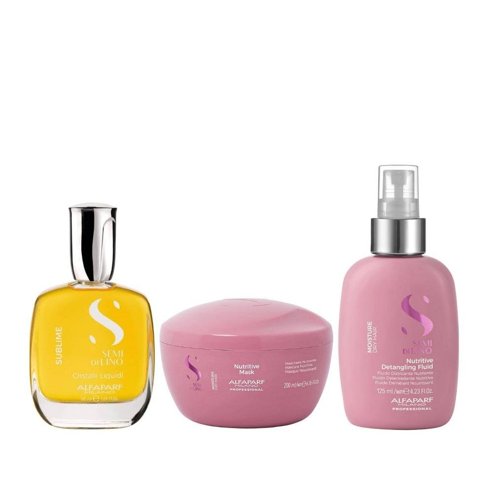 Kit Alfaparf Semi Di Lino Moisture - Máscara 200ml + Cristalli 50ml + Fluído 125ml