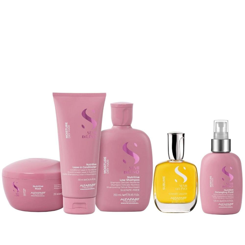 Kit Alfaparf Semi di Lino Moisture - Shampoo 250ml + Leave in 200ml + Máscara 200ml + Fluído 125ml + Cristalli 50ml