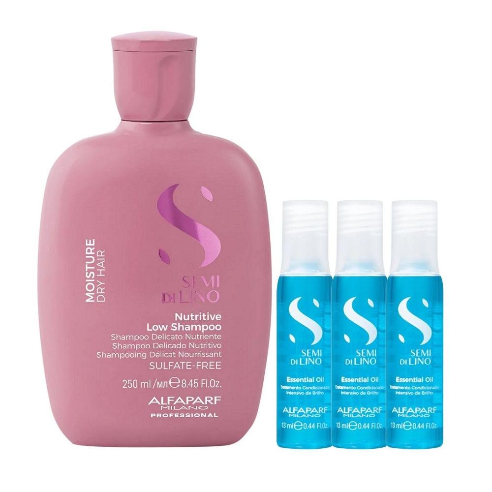 Kit Alfaparf Semi Di Lino Moisture -  Shampoo 250ml + 3x Ampola 13ml