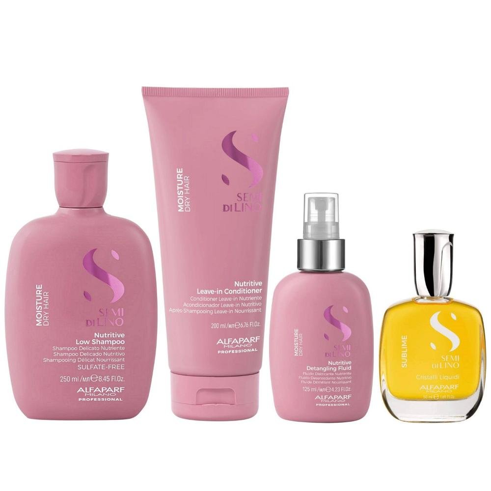 Kit Alfaparf Semi Di Lino Moisture -  Shampoo 250ml + Leave in Condicionador 200ml + Fluído 125ml + Cristalli 50ml