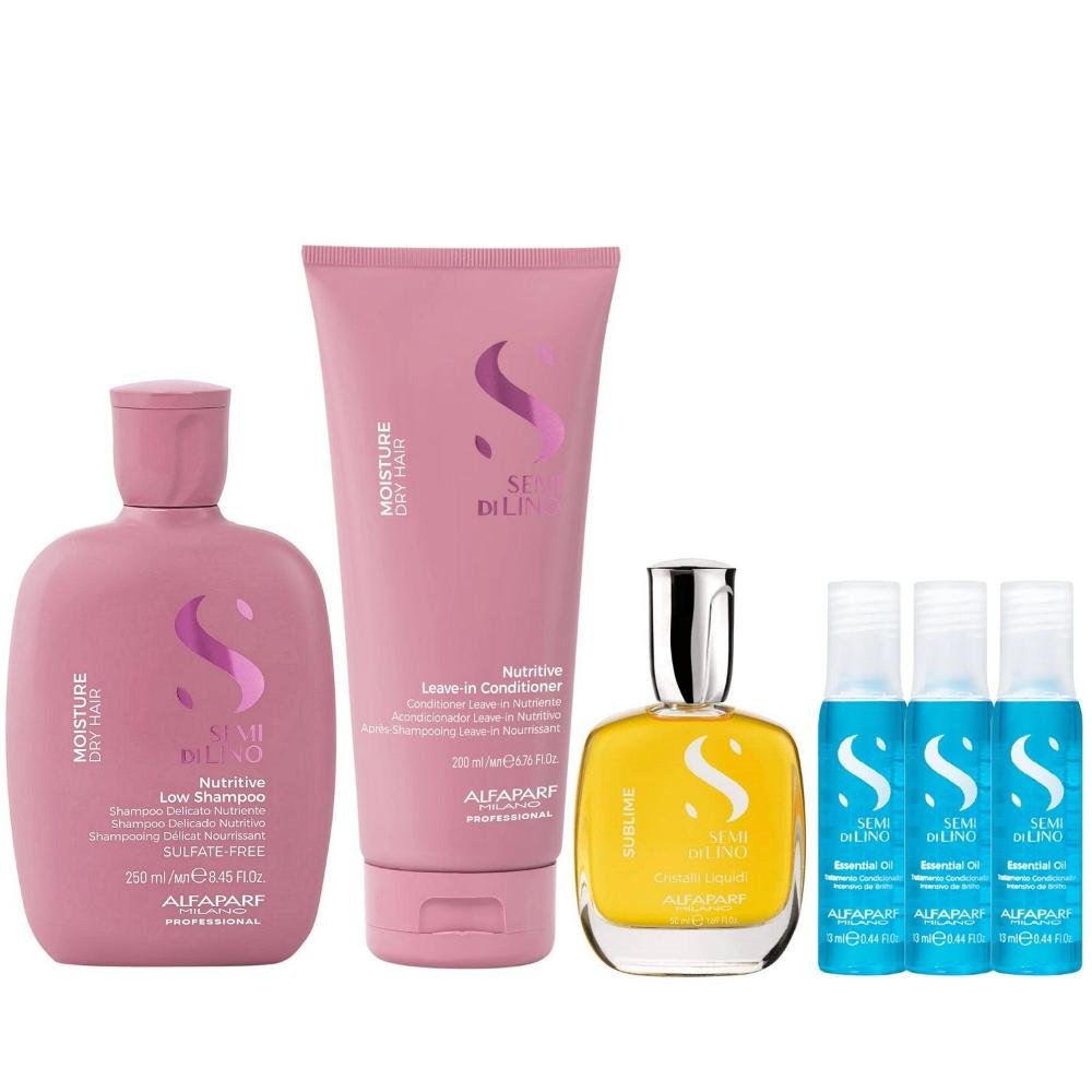Kit Alfaparf Semi Di Lino Moisture - Shampoo 250ml + Leave in Condicionador 200ml + Cristalli 50ml + 3x Ampola 13ml ÚNICO 1