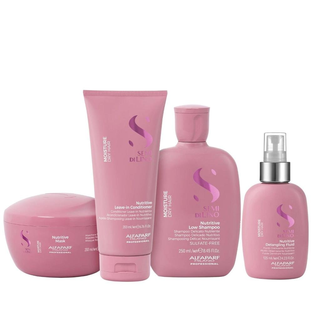Kit Alfaparf Semi Di Lino Moisture -  Shampoo 250ml + Leave in Condicionador 200ml + Máscara 200ml + Fluído 125ml